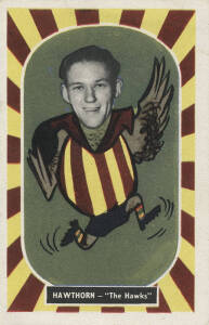 1957 Kornies "Footballer - Mascot Swap Cards", [1/36] - No.7 Roy Simmonds (Hawthorn). G/VG. Rarity 8.