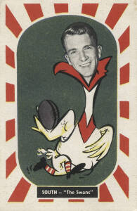 1957 Kornies "Footballer - Mascot Swap Cards", [1/36] - No.28 Jim Taylor (South Melbourne). G/VG. Rarity 8.