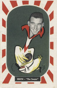 1957 Kornies "Footballer - Mascot Swap Cards", [1/36] - No.29 Fred Goldsmith (South Melbourne). G/VG. Rarity 8.