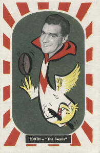 1957 Kornies "Footballer - Mascot Swap Cards", [1/36] - No.30 Jim Dorgan (South Melbourne). G/VG. Rarity 8.