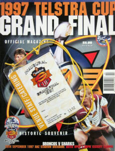 SUPER LEAGUE: Programmes "1997 Telstra Cup Grand Final, Official Magazine. Historic Souvenir, Broncos v Sharks" (3); plus Staff Passes (2). The only Super League Grand Final - rare.