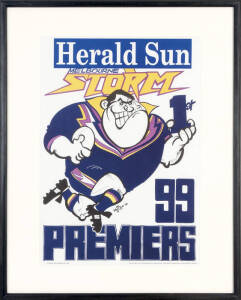 FRAMED ITEMS, noted Melbourne Storm 1999 original Weg posters (2 different versions, one numbered "001"); also posters "Champions of the League" & "St.George Dragons". All framed, various sizes.