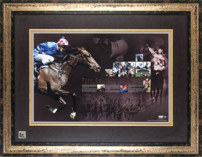 MAKYBE DIVA: "From Champion to Legend - How Makybe Diva Achieved Equine Immortality" print, signed by jockey Glen Boss, limited edition 498/500, window mounted, framed & glazed, overall 111x86cm.