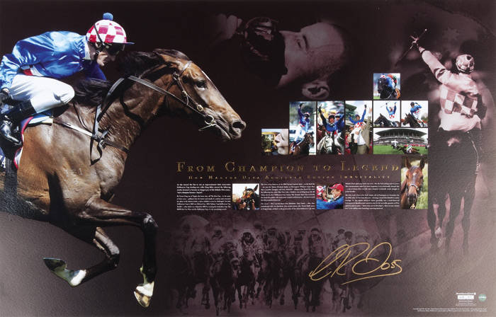 MAKYBE DIVA: "From Champion to Legend - How Makybe Diva Achieved Equine Immortality" print, signed by jockey Glen Boss, limited edition 403/500, size 79x53cm.