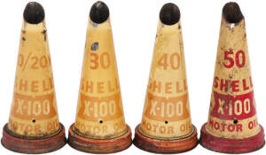 SHELL X-100 Oil pourer set: Tin pourers in average/poor condition with usual nicks and some fading, Includes; 20/20, 30, 40 and 50 weight. Perfect for restoration or authentic display. Seldom seen in mutiples.