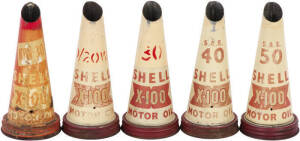 SHELL X-100 Oil pourer set (S.A.E and stenciled type): Tin pourers in average condition with usual nicks and fading, Includes; 10-30, 20/20, 30, 40 (S.A.E) and 50(S.A.E) weight. Perfect for restoration or authentic display. Seldom seen in multiples.