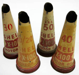 SHELL X-100 Oil pourer set (S.A.E and stenciled type): Tin pourers in average condition with usual nicks and fading, comprises 20/20W, 30, 40 and 50 (S.A.E) weight. Perfect for restoration or authentic display. (4 items)