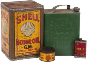 OIL AND PETROL TINS: A range of interesting and different Shell oil product tins, featuring; early shell oil tin; vintage "Shell motor spirits" green jerry can; 1lb. No.3 Shell compound tin with shell textured lid; small Shell Car polish bottle and more. 