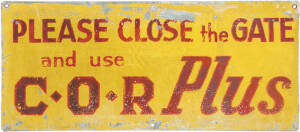 SIGNS: Lot of vintage service station signs including; a "Ronaldson and Tippett" enamel garage sign (90 x 46cm); a metal C.O.R. double sided "Please shut the gate" sign (44 x 19cm); a small metal Castrol sign (57 x 15cm); I.A.M.E metal sign (60 x 48cm) an