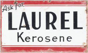 VINTAGE ENAMEL SIGNS: Attractive lot of automotive enamel signs including; "Ask for LAUREL Kerosene" sign(77 x46cm); PLUME small sign with distinctive red flying horse (50 x 26cm); V.A.C.C. Member sign (46 x 30cm) Very attractive group.