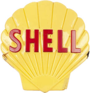 SIGNS: SHELL large plastic service station wall sign. Great vintage looking sign with raised lettering. Shows signs of wear and some cracks evident, overall a very collectable sign. (65 x 65cm)