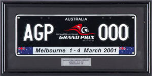 2001 AUSTRALIAN GP - COMMEMORATIVE NUMBER PLATE, "AGP-000, Melbourne 1-4 March 2001", manfacturer's original strike off, limited edition of 100, framed & glazed, overall 46x23cm.