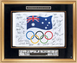 "INSPIRATION OF OUR NATION", display comprising Australian Olympic Flag individually hand-signed by all gold medallists, individual and team members, 40 signatures including Ian Thorpe, Grant Hackett, Jodie Henry & Anna Meares, limited edition 13/250, win