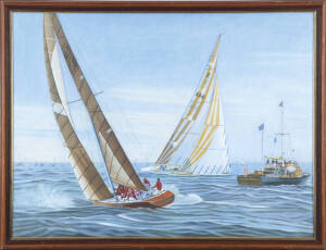 1983 AMERICA'S CUP, original painting by John Gouschwinkle showing Australia II defeating Liberty, oil on board, framed & glazed, overall 65x50cm.