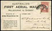 June 1914 (AAMC.2) a "Wizard Stone" postcard, prepared for the first planned official airmail flight in Australia, from Melbourne to Sydney. The flight was cancelled as a result of a crash 5 days before the scheduled flight. This card was later carried by - 2