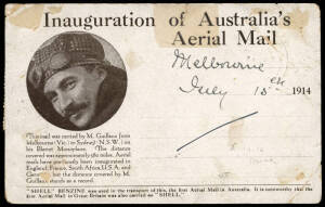 16-18 July 1914 (AAMC.3) Melbourne - Sydney special postcard carried by Maurice Guillaux on the first official airmail flight in Australia. Flight time was 9 hours, 33 minutes. "The most important flight in pre-World War 1 Australian aviation history" (Ne
