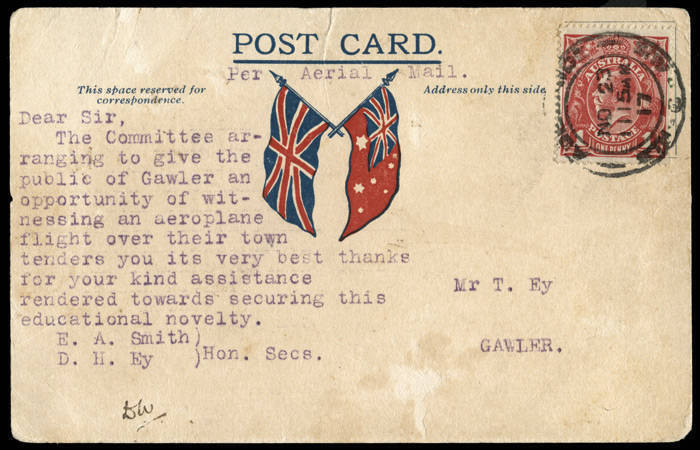 23 Nov.1917 (AAMC.16) South Australia's First Official Air Mail: souvenir postcard flown Adelaide - Gawler by R. Graham Carey(the first Australian civilian pilot) in his 60hp Bleriot XI, acquired from Maurice Guillaux. (minor surface thins & abrasions on