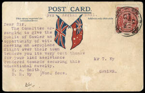 23 Nov.1917 (AAMC.16) South Australia's First Official Air Mail: souvenir postcard flown Adelaide - Gawler by R. Graham Carey(the first Australian civilian pilot) in his 60hp Bleriot XI, acquired from Maurice Guillaux. (minor surface thins & abrasions on 