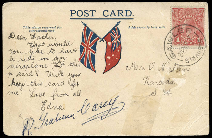 26 Nov.1917 (AAMC.18) Gawler - Adelaide special postcard carried by R. Graham Carey in his Bleriot 60 monoplane on the return flight. With KGV 1d Red tied by 24NO17 cds of GAWLER. Signed at a later date by the pilot.[67 cards carried on the return flight]