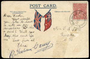 26 Nov.1917 (AAMC.18) Gawler - Adelaide special postcard carried by R. Graham Carey in his Bleriot 60 monoplane on the return flight. With KGV 1d Red tied by 24NO17 cds of GAWLER. Signed at a later date by the pilot.[67 cards carried on the return flight]