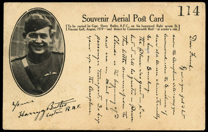 6-11 Aug.1919 (AAMC.20a & 22) special postcards carried by Captain Harry Butler in his "Red Devil" Bristol Tourer: Adelaide - Minlaton, with a privately written message and Minlaton - Adelaide, #114 with printed message & signature of the pilot. A most at