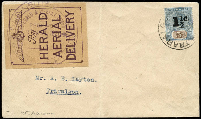 30 July 1920 (AAMC.47) Melbourne - Traralgon flown cover with superb example of the 'HERALD AERIAL DELIVERY' vignette tied to front, with Tasmanian 1½d tied by arrival cds. The purpose of the flight by Captain E.W.Leggatt was the experimental delivery of