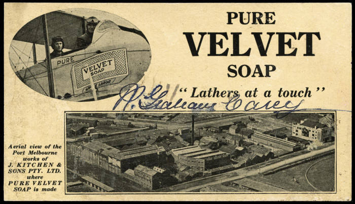 Aug.1920 (AAMC.47c) "Velvet Soap" advertising postcard dropped over Melbourne by R. Graham Carey in his Maurice Farman Shorthorn biplane, as depicted on the card. The reverse of the card shows Carey in the cockpit and an aerial view of the soapworks fo J.