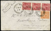 4 Dec.1921 (AAMC.56a) Nungarin [280kms east of Perth] - Mandathuna Station [100kms east of Carnarvon] cover showing a fine strike of the "PERTH DERBY AERIAL MAIL" cds prepared by Western Australian Airways for their inaugural contract air mail flights. Th