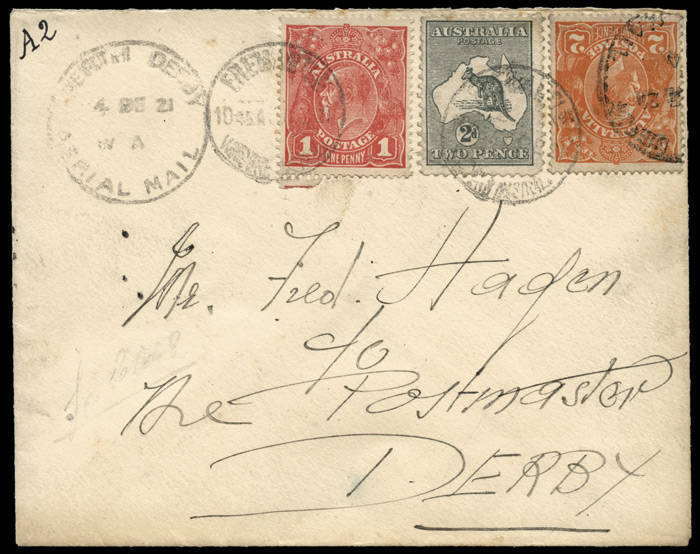 FORGERY: Dec.1921 (AAMC.56c) An example of a forged "AERIAL MAIL" cachet on a cover purporting to be from Fremantle to Derby but also with forged circular date stamps.