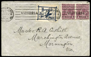 17 April 1922 (AAMC.63,64a) Melbourne - Geelong cover, flown by Captain Roy King or Captain A.W. Vigars for The Herald & Weekly Times; with special blue vignette "Herald Air Mail" affixed and postmarked on arrival together with the 1d postage stamps.