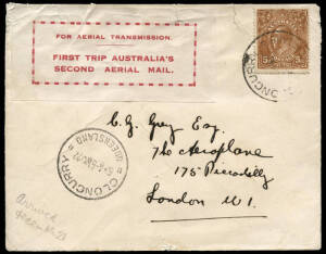 5 Nov.1922 (AAMC.66) Cloncurry - Charleville cover flown by QANTAS on the first return airmail delivery flight over this route and bearing the extremely rare "FOR AERIAL TRANSMISSION" red on white vignette. Flown by Hudson Fysh (Cloncurry - Longreach) and