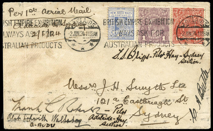 2-4 June 1924 (AAMC.71 & 72) Adelaide - Sydney & return flown covers carried by Australian Aerial Services Ltd on their inaugural service via Mildura, Hay, Narrandera and Cootamundra. The cover originating in Adeliade is signed by the pilots Roberts, Butl