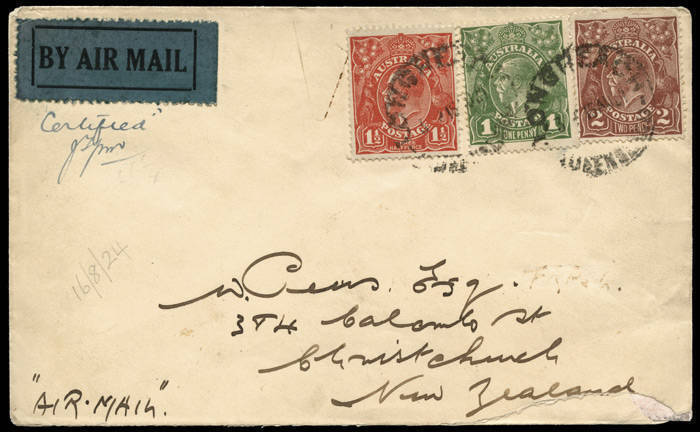 18 Aug.1924 cover flown from Longreach to Charleville by QANTAS and bearing their black on green "BY AIR MAIL" label; addressed to New Zealand and "certified" by the PM at Longreach. [The route, approximately 450kms, took 4 days by surface and less than 5