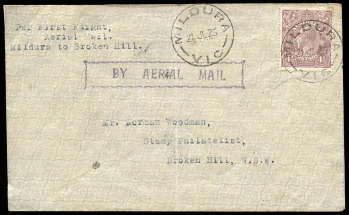 20-21 July 1925 (AAMC.89a & 90a) Mildura - Broken Hill and Sydney - Deniliquin covers flown by Australian Aerial Services Ltd on their inaugural flights incorporating several new intermediates on their expanding network. Also, Sept.1925 Narrandera - Melbo