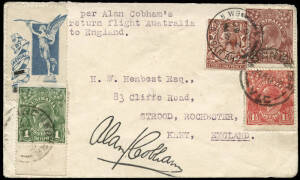 24 Aug.1926 (AAMC.100) Melbourne - London cover flown & signed by Alan Cobham on the return flight to and from Australia which had started in London in June; together with a typed letter dated 1954 signed by Cobham authenticating the cover, and with a pos