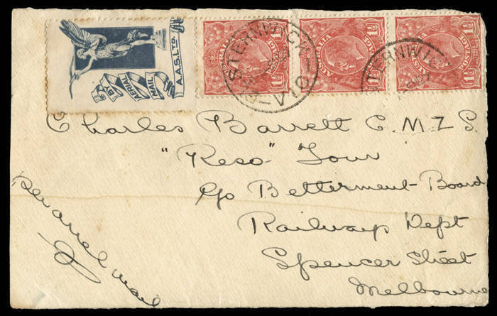 5 Aug.1927 (AAMC.108a) Melbourne - Alice Springs - Melbourne cover (front) with "Angel" vignette, carried by Australian Aerial Services in association with the "Reso" tour of Central Australia. The front is addressed to Charles Barrett, (1879-1959) who wr