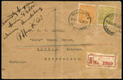 22 Feb.1928 (AAMC.119) Registered cover, flown by Bert Hinkler and endorsed by him "Carried by Aeroplane Avian G-EBOV Darwin - Bundaberg" followed by his signature. He arrived at Bundaberg, his home-town on the 27th. [12 flown on this final leg.]. Ex Nels
