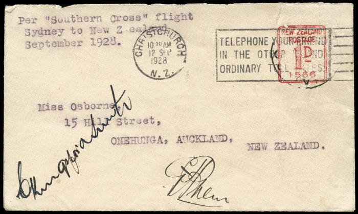 10 Sept.1928 (AAMC.124) Following their successful flight across the Pacific Ocean, Charles Kingsford Smith & Charles Ulm flew across the Tasman Sea for the first time in the "Southern Cross" on this date. This cover is one of the 15 carried and is signed