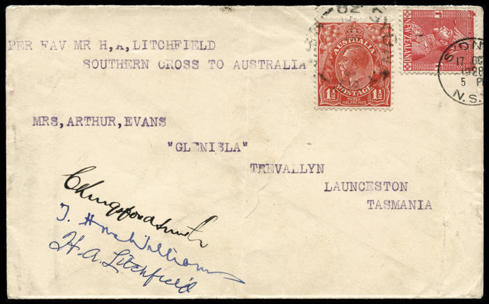 13 Oct.1928 (AAMC.126) New Zealand - Australia, cover carried in the "Southern Cross" on the first flight across the Tasman in an East-West direction. This was Kingsford Smith's return flight, with the same crew as the 10th Sept. flight. The cover is sign