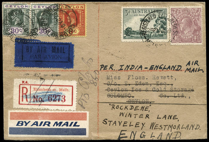 1929-39 group of commercial covers, majority airmail from Australia (25), to Australia (17) or via Australia (2), some on annotated pages. Origins or destinations incl. Asia, Europe & USA with registered, re-directed, taxed, official & Service Suspended,