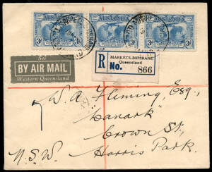 1929-42 group of mainly commercial airmail covers with various frankings. Incl. 1929 (Jun.3) combination franking cover, 1931 (Mar.19) Brisbane - Harris Park, K'ford Smith reg. FDC with 3d strip of 3, 1932 cover with boxed "INSUFFICIENTLY PREPAID FOR AIRM