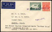 1929-42 group of mainly commercial airmail covers with various frankings. Incl. 1929 (Jun.3) combination franking cover, 1931 (Mar.19) Brisbane - Harris Park, K'ford Smith reg. FDC with 3d strip of 3, 1932 cover with boxed "INSUFFICIENTLY PREPAID FOR AIRM - 2