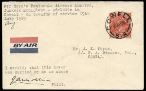 19 Aug.1929 (AAMC.143) Adelaide - Cowell cover, flown and signed by James Mollison on his inaugural flight for Eyre Peninsula Airways Ltd. [6 flown, all cancelled on arrival]. Cat.$600.