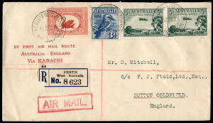 15 Dec.1929 (AAMC.146) Perth - Karachi - England flown registered cover with printed "BY FIRST AIR MAIL ROUTE AUSTRALIA - ENGLAND Via KARACHI" at left and arrival backstamp. Accompanied by a Jan.30 cover from England to Australia via the same route.