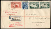 15 Dec.1929 (AAMC.146) Perth - Karachi - England flown registered cover with printed "BY FIRST AIR MAIL ROUTE AUSTRALIA - ENGLAND Via KARACHI" at left and arrival backstamp. Accompanied by a Jan.30 cover from England to Australia via the same route.