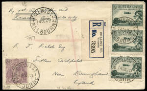 15 Dec.1929 (AAMC.146) Melbourne - Karachi - England flown registered cover with mss "BY 1st AUSTRALIAN and KARACHI Air Mails only" at left and arrival backstamp. Accompanied by an Apr.1931 cover from Australia to GB via the same route with LATE FEE suppl