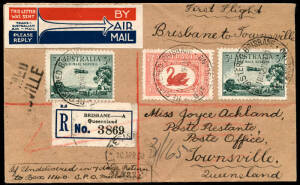 31 Mar.1930 (AAMC.155-56) Brisbane - Townsville and return, flown registered covers carried on "The Star of Townsville" inaugural flights by the Queensland Air Navigation Co. [Fewer than 100 covers carried in each direction].