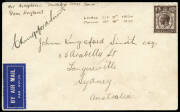 9 Oct. 1930 (AAMC.170) England - Australia cover, flown and signed by Charles Kingsford Smith; endorsed 'Per Aeroplane "Southern Cross Junior" from England'. This was a record solo flight in 9 days, 21 hours & 40 minutes, which beat Bert Hinkler's record 