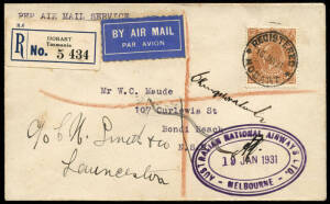 The first Bass Strait Air Mail: 19 Jan.1931 (AAMC.175) (Hobart) - Launceston - Melbourne - (Sydney) registered cover, flown and signed by Charles Kingsford Smith in the "Southern Cloud". The flight was continued from Melbourne to Sydney in the "Southern S