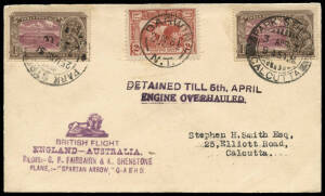 19 Feb.1931 (AAMC.177) Calcutta - Darwin cover, flown by Fairbairn & Shenstone en route from England; with 'BRITISH FLIGHT' cachet & 'DETAINED TILL 5th. APRIL / ENGINE OVERHAULED' handstamp, [only 43 flown].